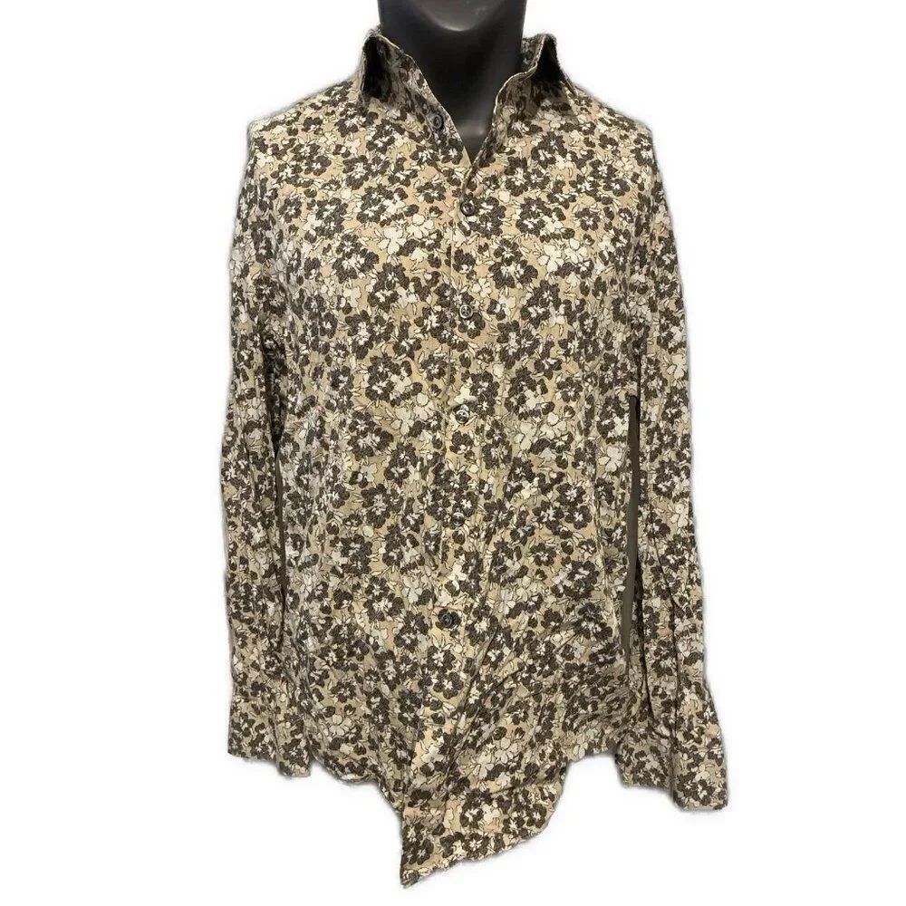 Express Floral Beige White Gray Long Sleeve Button Down Dress Shirt Slim Xl